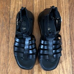 Nikos Shoes Black Leather Gladiator Platform Sandals with Gold Tone Buckles